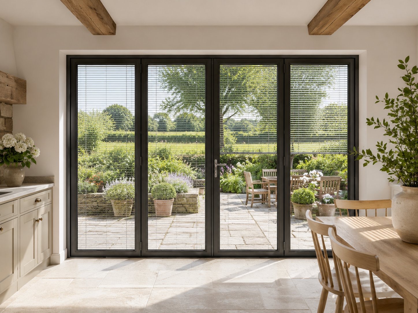 Four-panel aluminium bifold doors with integral blinds in a farmhouse kitchen with garden view