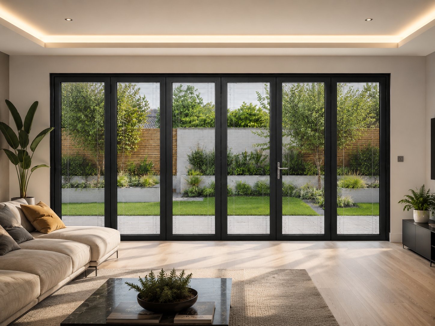 Five-panel aluminium bifold doors with integral blinds raised, modern living room garden view