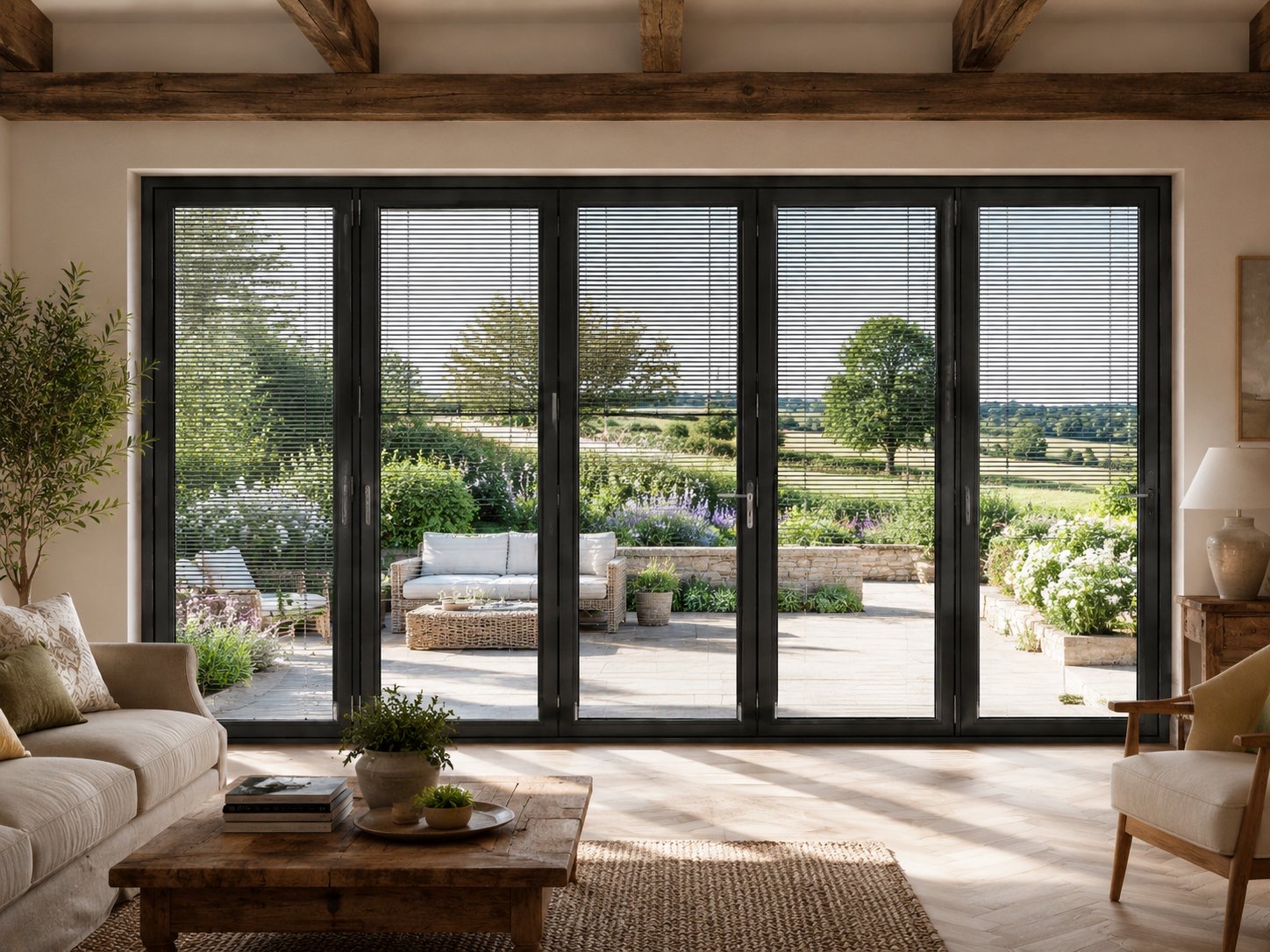 Five-panel aluminium bifold doors with integral blinds in a rustic living room with garden view