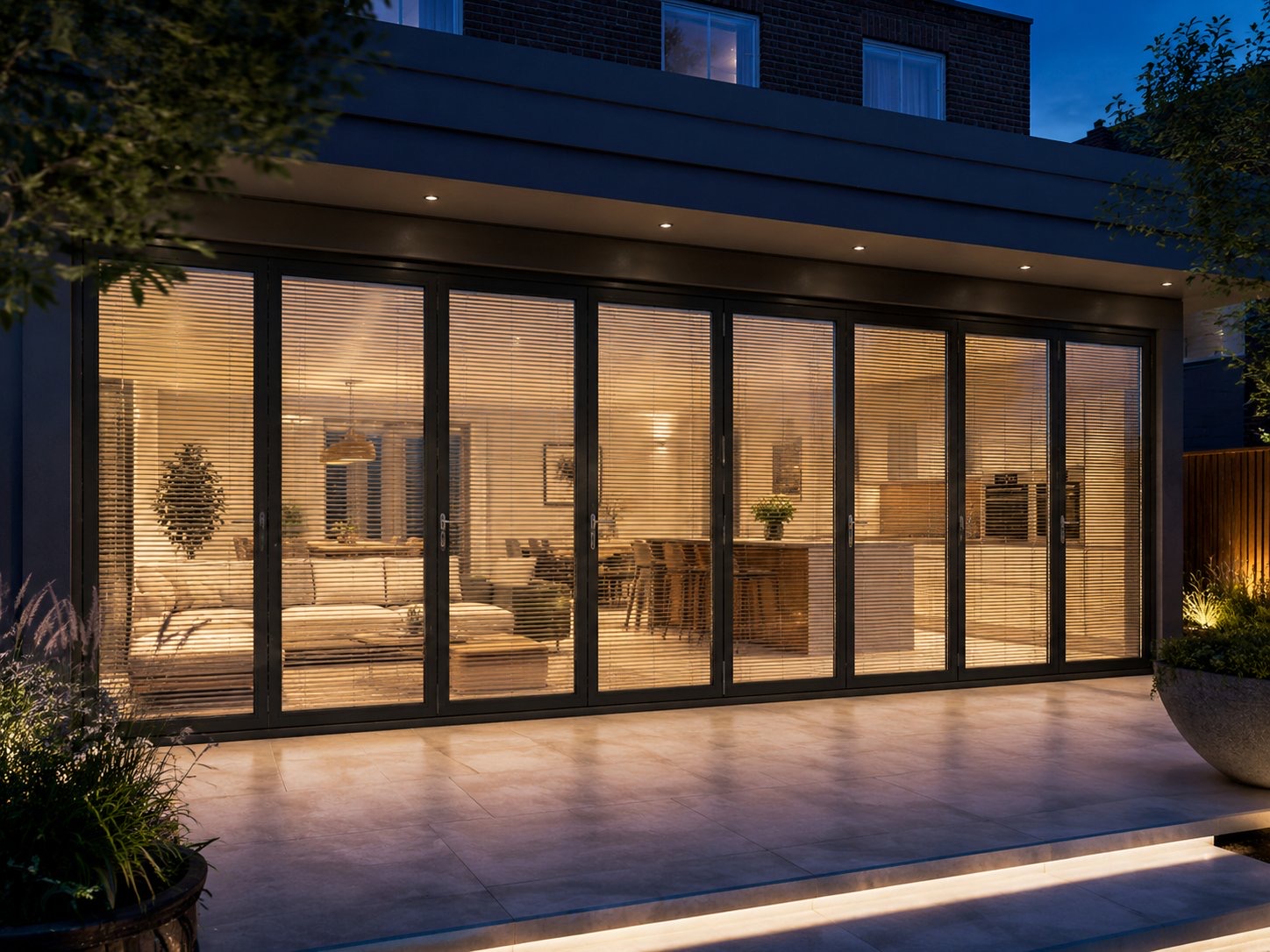 Seven-panel aluminium bifold doors with integral blinds closed across an evening glass facade