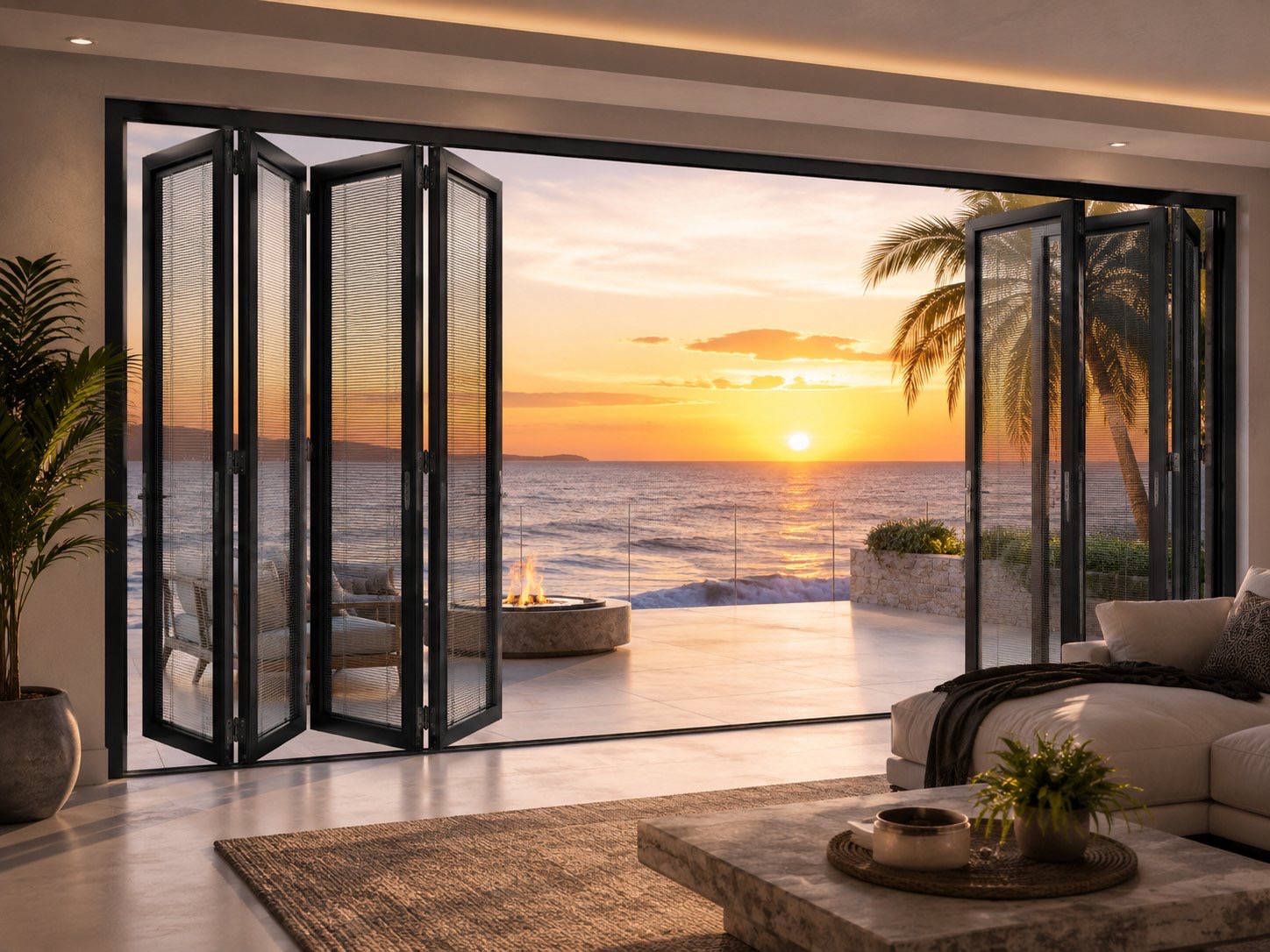 Six-panel aluminium bifold doors with integral blinds folded open onto a coastal sunset terrace