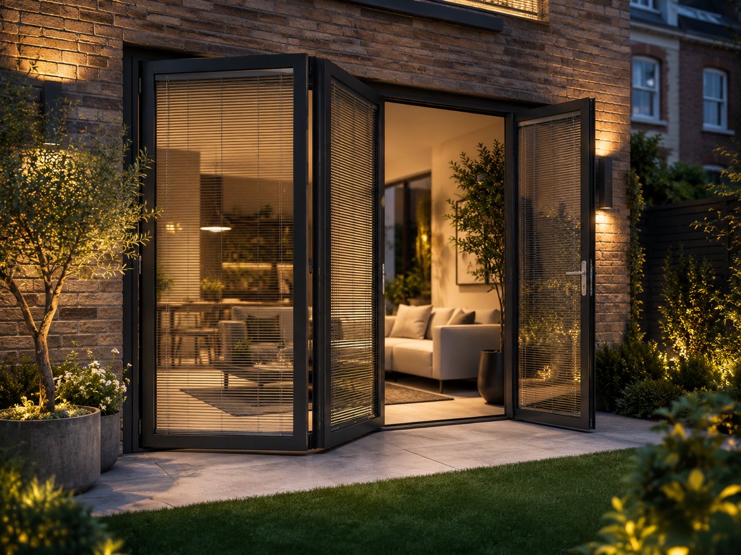 Three-panel aluminium bifold doors with integral blinds folded open to an evening brick extension