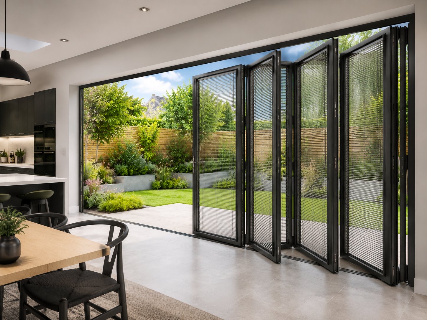 Seven-panel aluminium bifold doors with integral blinds folded open onto a garden from an open-plan kitchen
