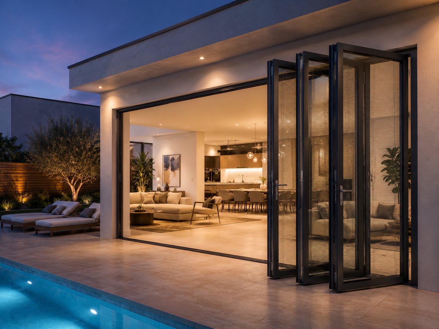 Five-panel aluminium bifold doors with integral blinds folded open beside a pool at twilight